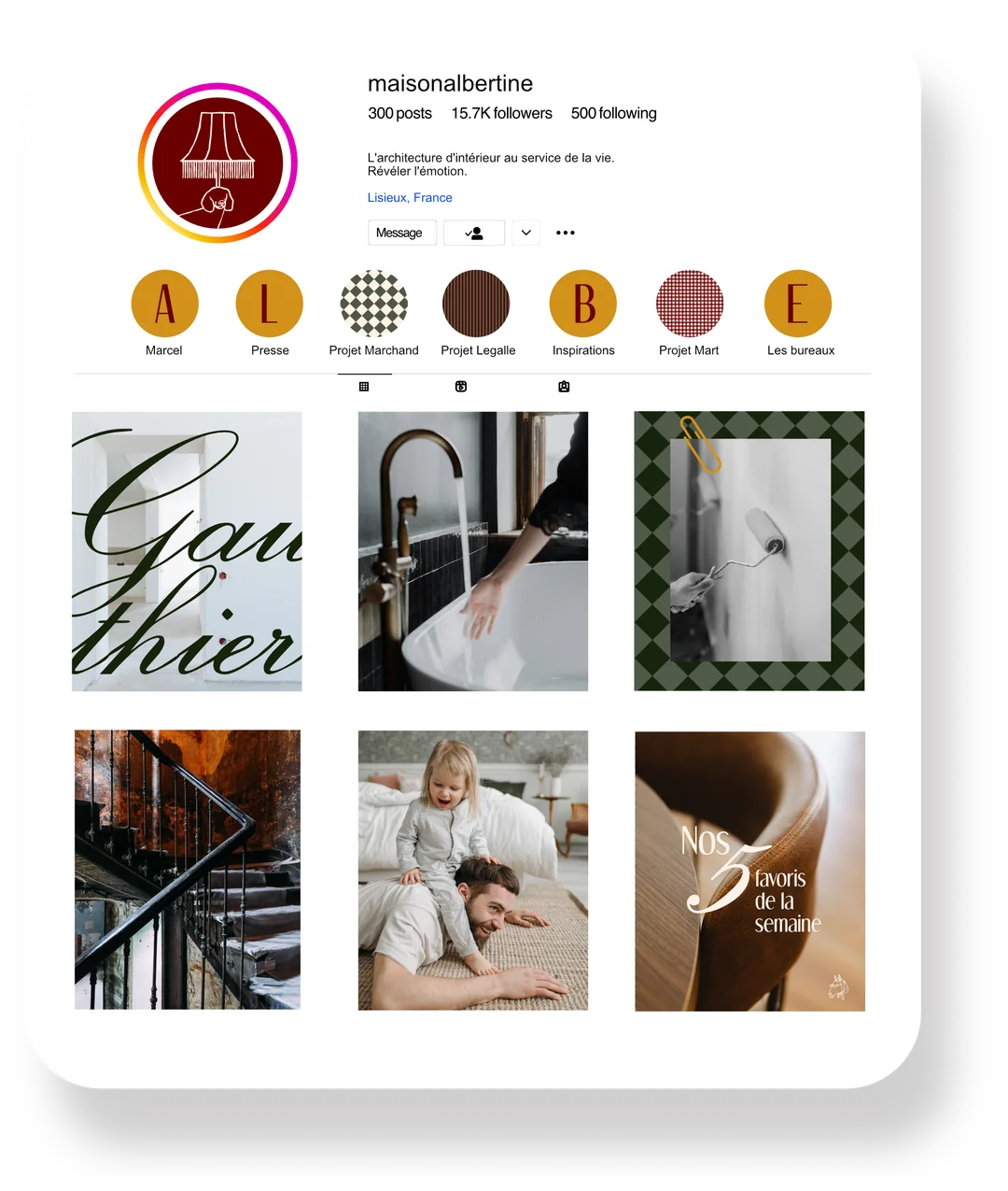 Profil Instagram Maison Albertine sur tablette : stories en ocre et motifs, grille de publications
