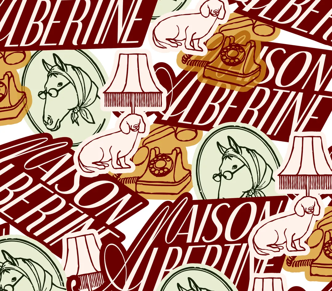 Motif Maison Albertine : logotypes, chevaux à lunettes, teckels, lampes et téléphones