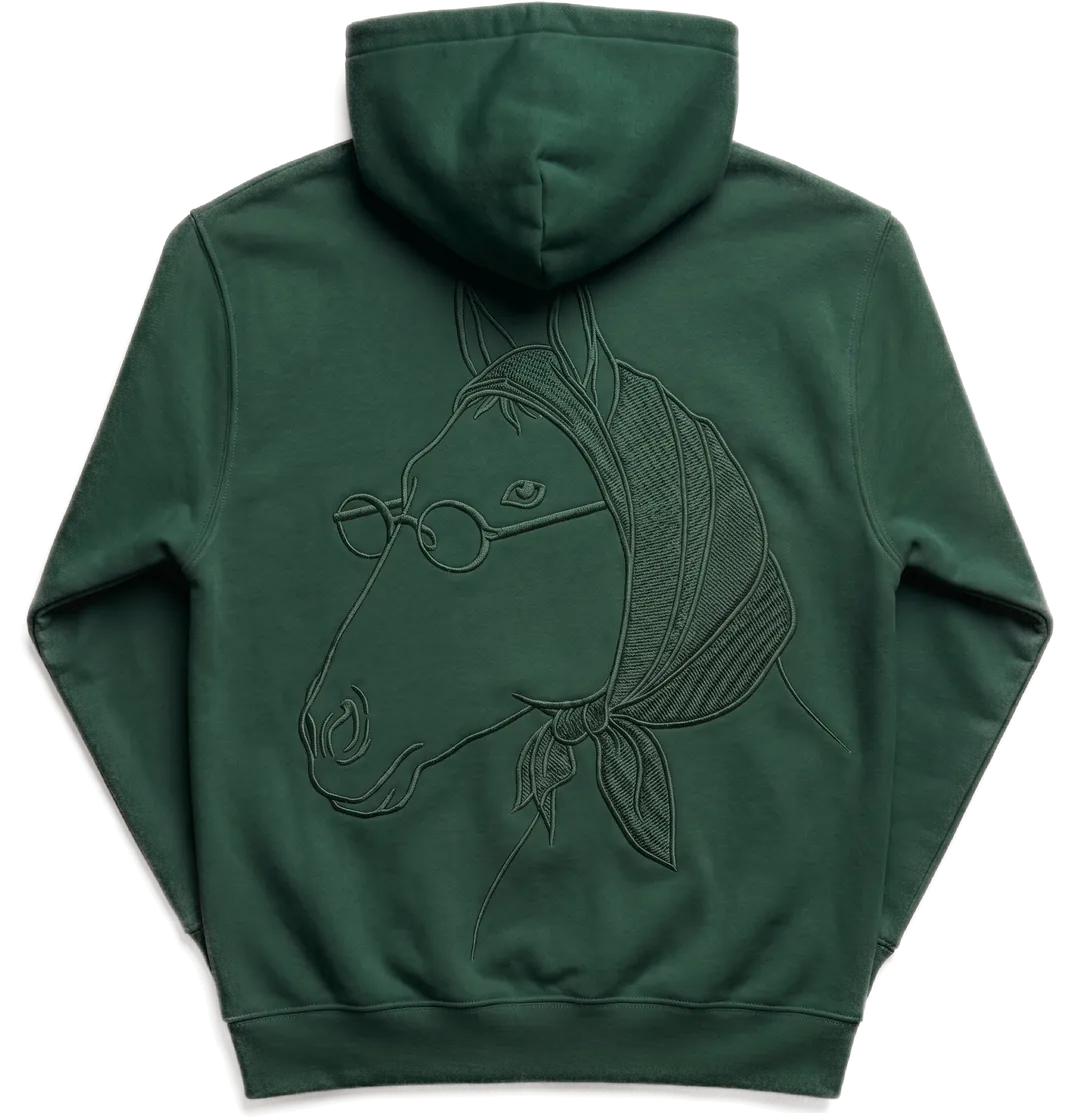 Sweat à capuche vert forêt brodé du cheval à lunettes et foulard