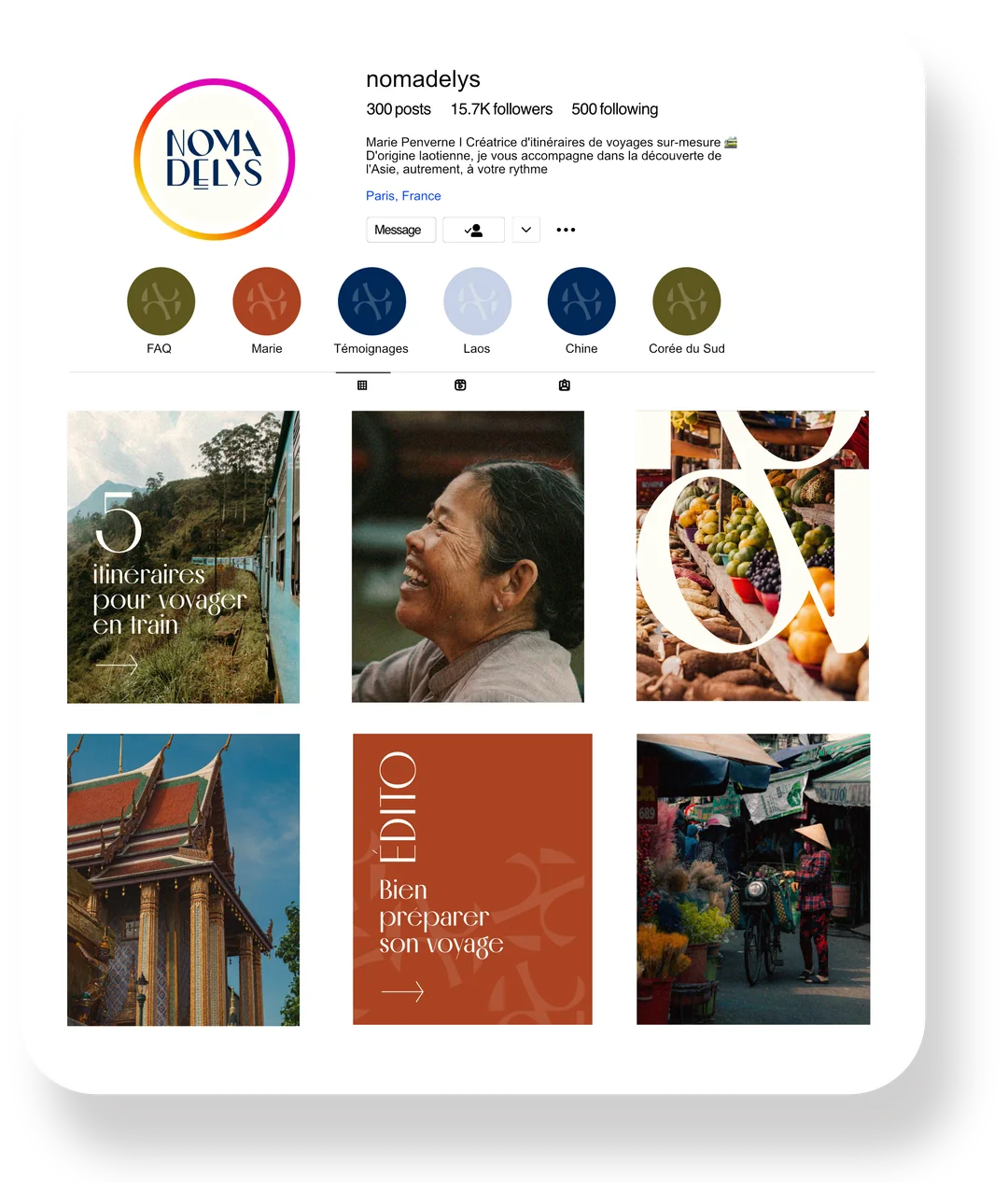 Profil Instagram Nomadélys sur tablette : stories aux couleurs de la marque et grille de publications