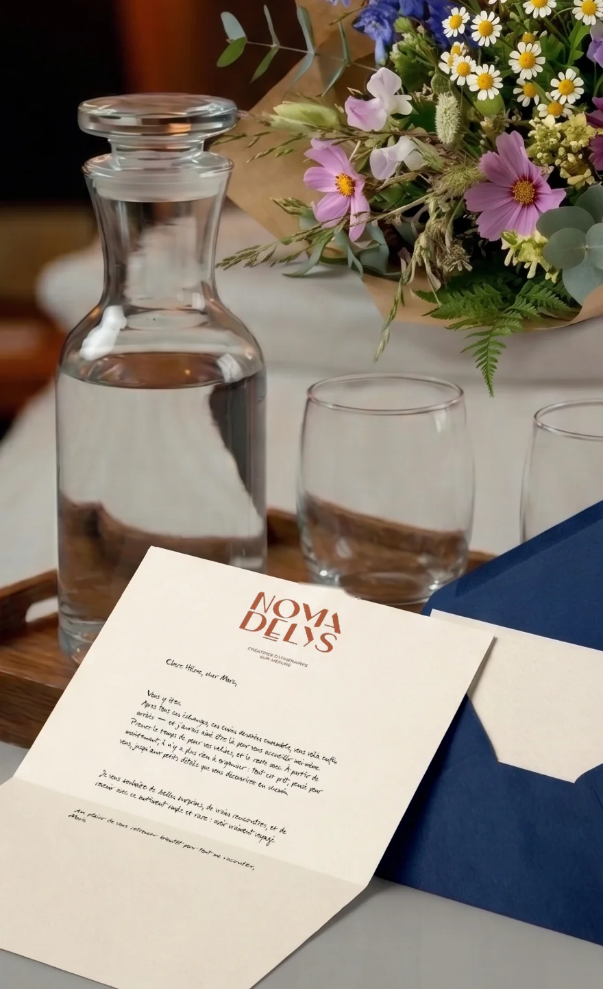 Lettre manuscrite sur papier à en-tête Nomadélys et enveloppe bleu navy, devant une carafe et un bouquet de fleurs des champs