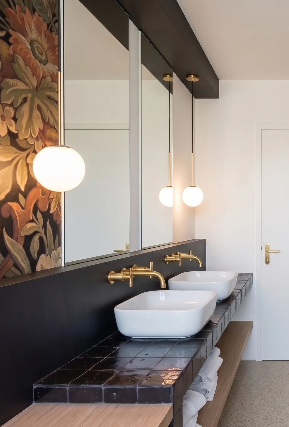 Salle de bains : double vasque, robinetterie laiton, papier peint fleuri