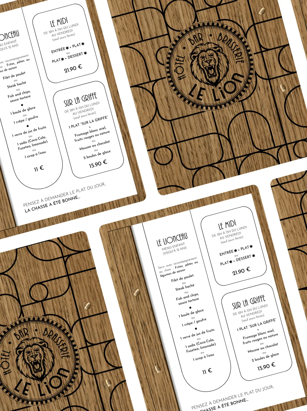 Menus et porte-menus en bois gravés pour Le Lion